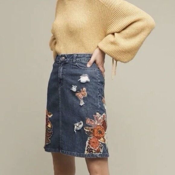 Anthrologie Cecilia Prado Floral Butterfly Embroidered Skirt XS Boho Cottage Y2K - Picture 1 of 9